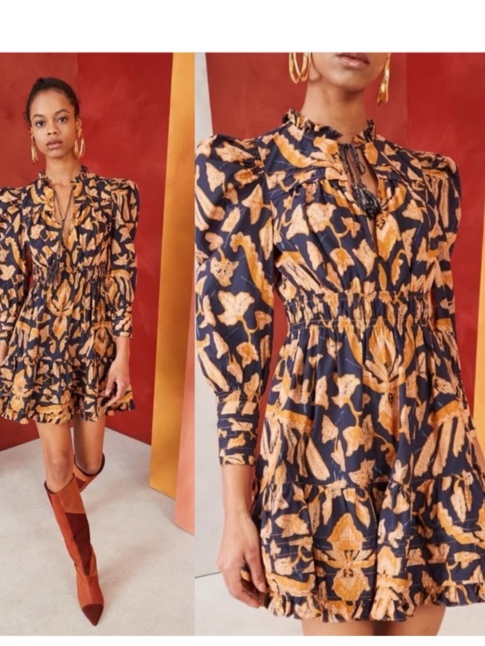Ulla Johnson Navy and Mustard Floral Tiered Mini Dress